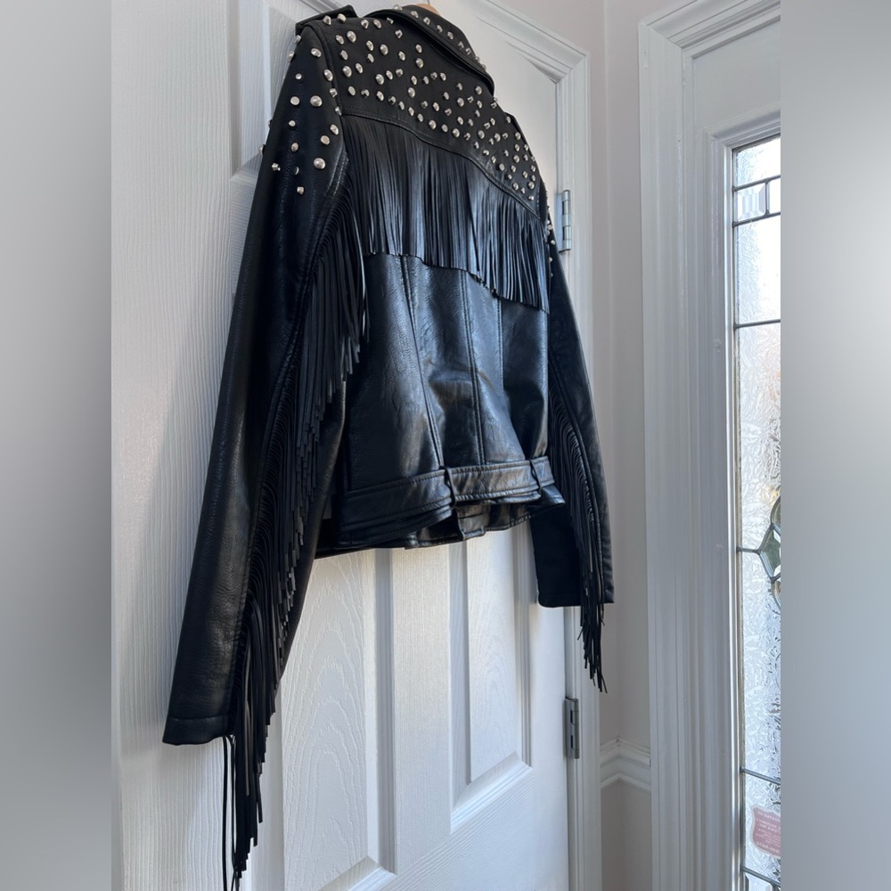 PINK ROSE Black Studded Fringe Leather Moto Jacket - Picture 7 of 10